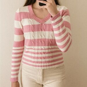 Vintage Tommy Hilfiger Pink White Striped Cable Knit Fisherman Sweater‎ Medium